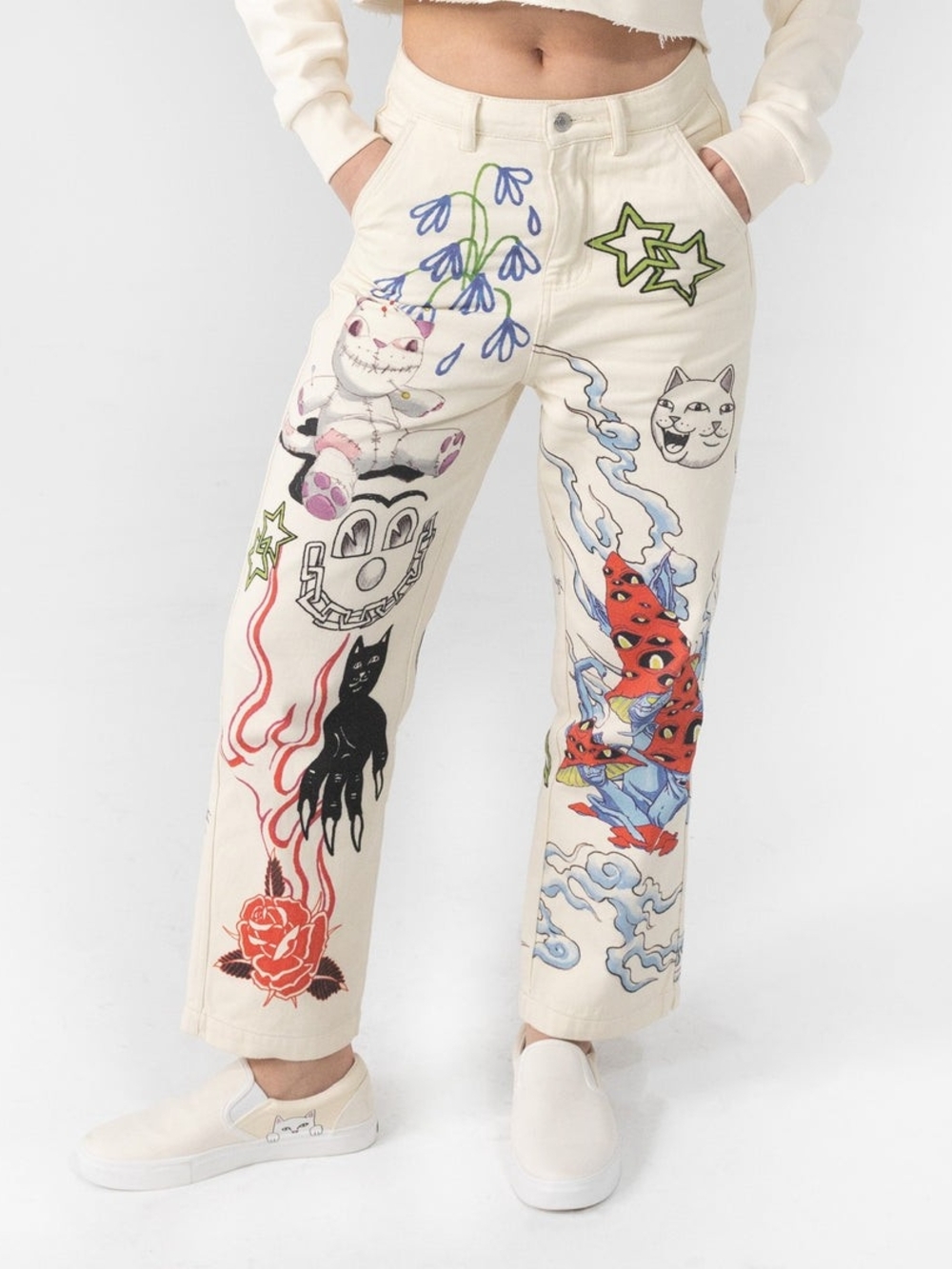 RipnDip Travis Hand-Painted Style Cream Graphic Wide-Leg Jeans